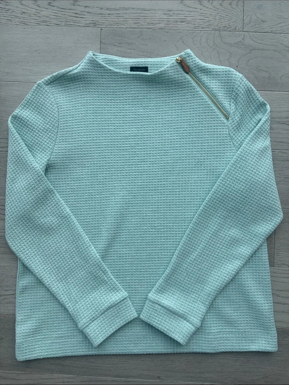 Talbots Zip Detail Funnel Neck Pullover Waffle Light Green Sweater Medium - Picture 3 of 7
